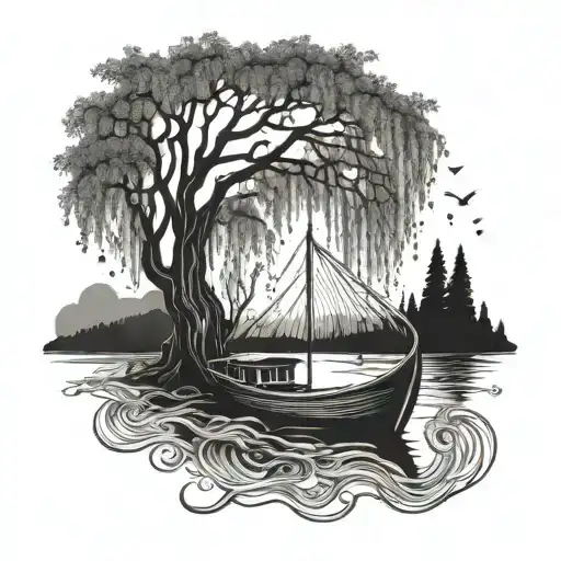 weeping willow boat tattoo design idea