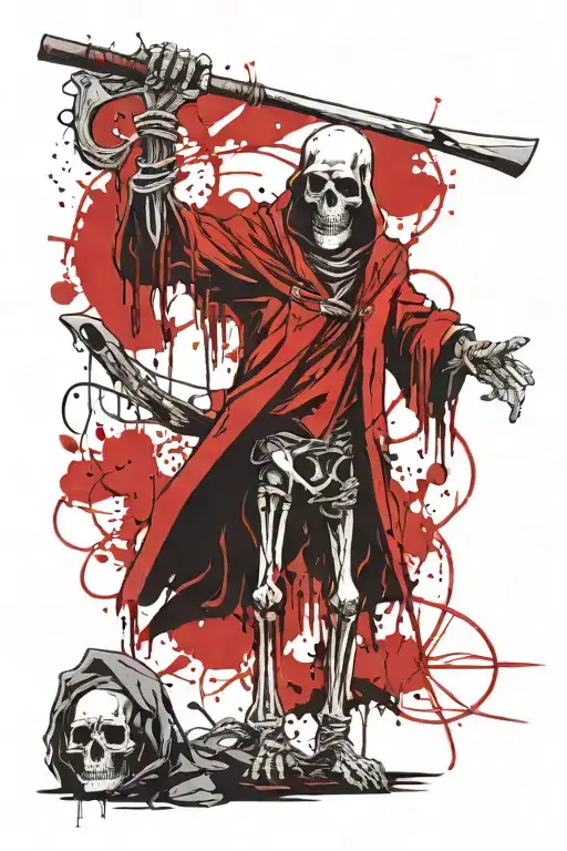 smiling skeleton reaper with scythe beckoning you to the river styx tattoo design idea