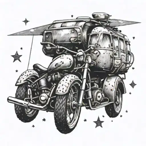 A dotwork tattoo of a chopper motorcycle riding alongside a caravan under a starry sky, symbolizing the client's passion for both videography and adventure tattoo design idea