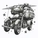 A dotwork tattoo of a chopper motorcycle riding alongside a caravan under a starry sky, symbolizing the client's passion for both videography and adventure tattoo design idea