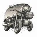A dotwork tattoo of a chopper motorcycle riding alongside a caravan under a starry sky, symbolizing the client's passion for both videography and adventure tattoo design idea