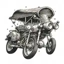 A dotwork tattoo of a chopper motorcycle riding alongside a caravan under a starry sky, symbolizing the client's passion for both videography and adventure tattoo design idea