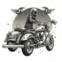 A dotwork tattoo of a chopper motorcycle riding alongside a caravan under a starry sky, symbolizing the client's passion for both videography and adventure tattoo design idea