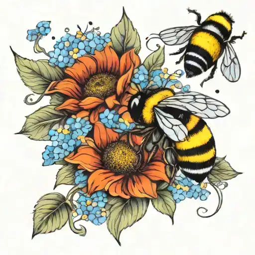 Bumblebee, sunflower, forget me not, poppy flower tattoo design idea