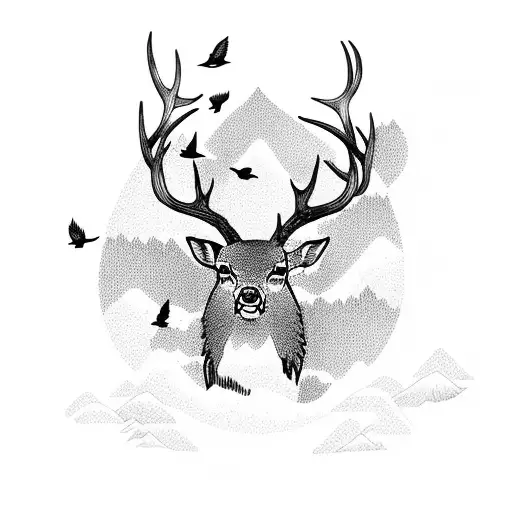 forest with deer and birds  tattoo design idea