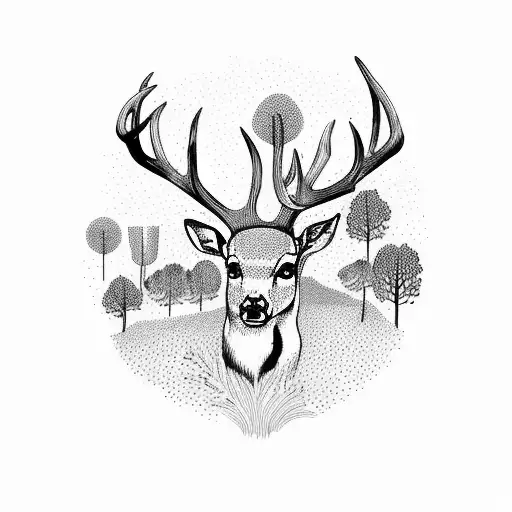 forest with deer and birds  tattoo design idea
