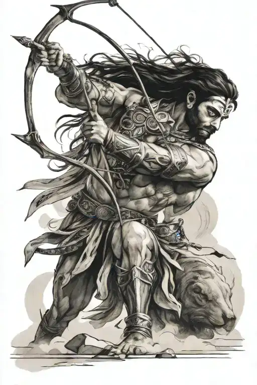 I want a tatto of Arjun from Mahabharat with bow and arrow. The tattoo should depict the intensity, focus and deteminati tattoo design idea