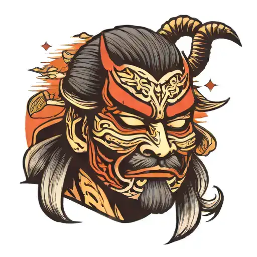 The face of a samurai in a mask, and in the background there is a sunset at sea tattoo design idea