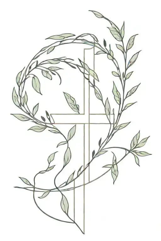 cross with olive branches and vines wrapped tattoo design idea