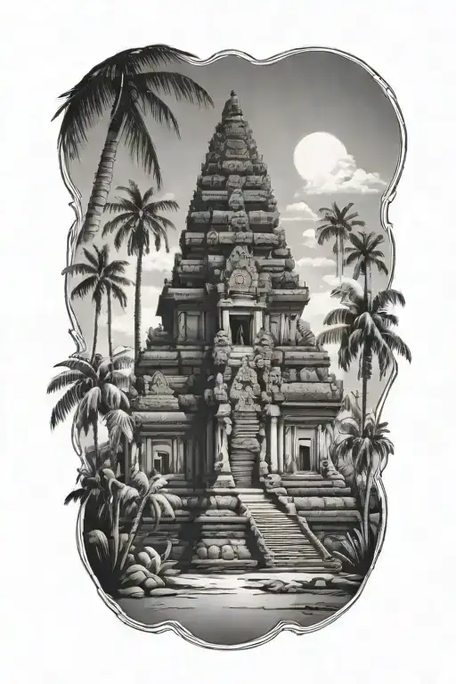 ankor wat surrounded by palm tree  tattoo design idea