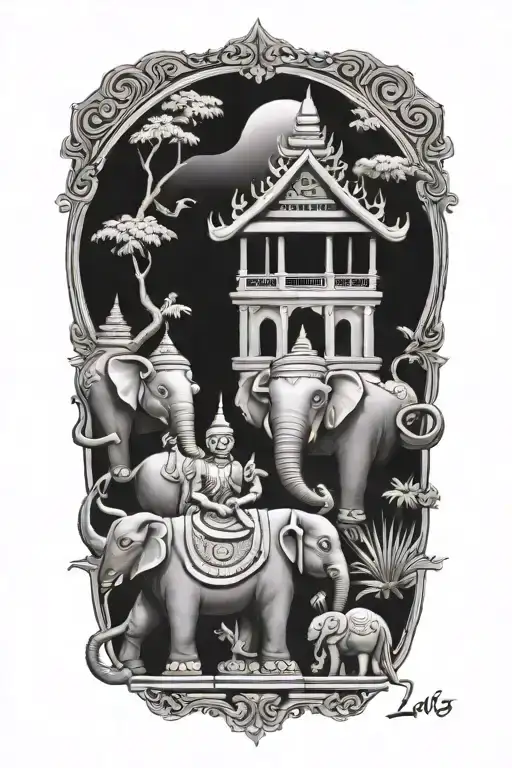 laos temple with elephants tattoo design idea