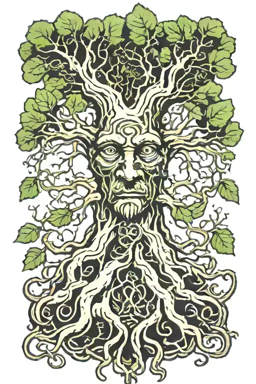 tree with roots and green man face within trunk tattoo design idea