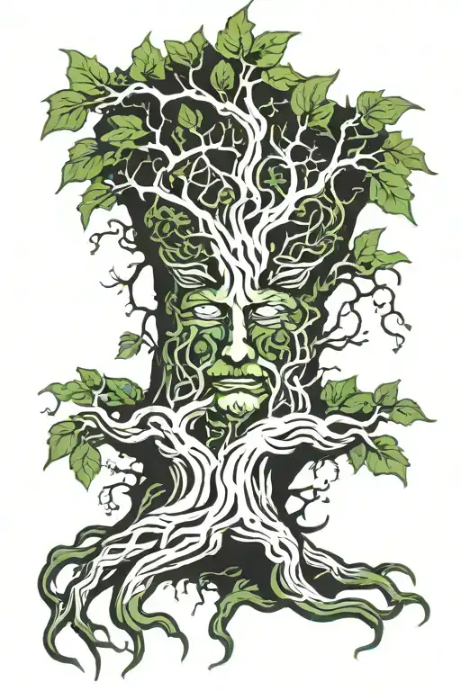 tree with roots and green man face within trunk and freedom symbol tattoo design idea
