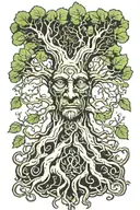 tree with roots and green man face within trunk tattoo design idea