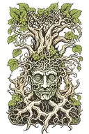 tree with roots and green man face within trunk tattoo design idea