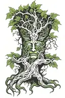 tree with roots and green man face within trunk and freedom symbol tattoo design idea