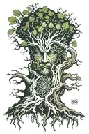 tree with roots and green man face within trunk and freedom symbol tattoo design idea