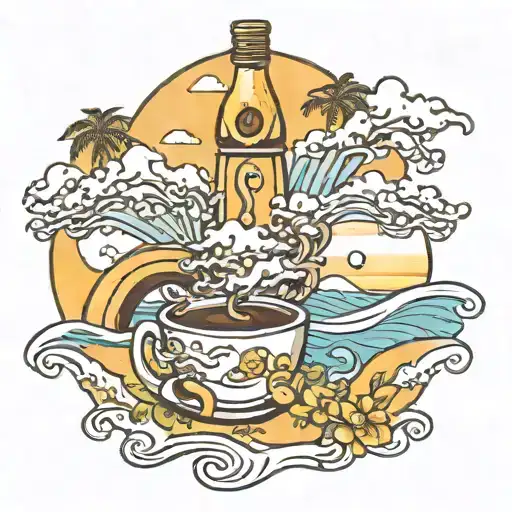An artistic interpretation of a coffee cup and alcohol bottle morphing into a summer beach scene, with your son playing in the waves and a car parked nearby, blending all your interests into one unique design tattoo design idea