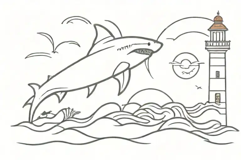 Waves, shark, waves, sun setting, turtle, waves ending with lighthouse tattoo design idea