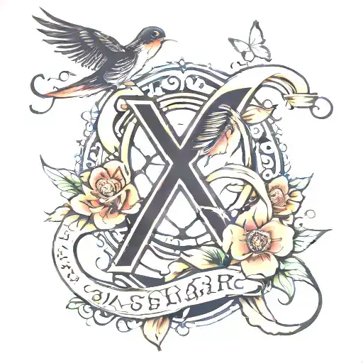 infinity with swallows and letters T N A R tattoo design idea