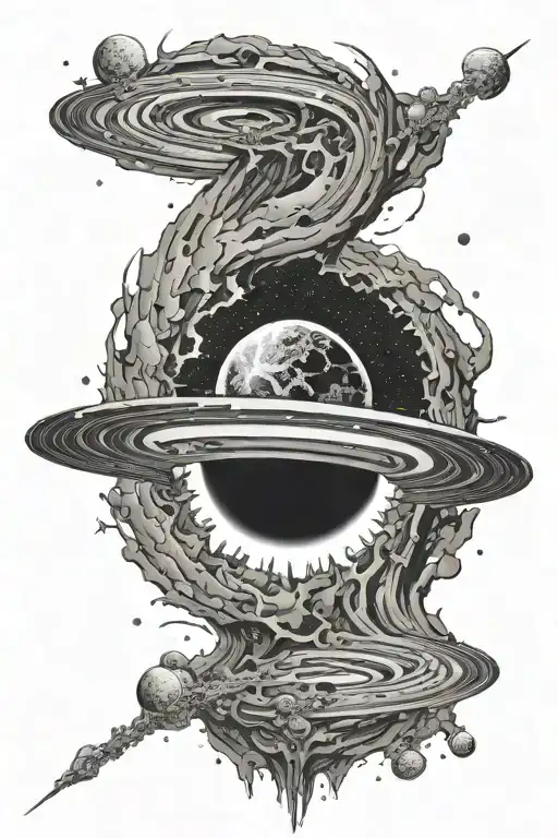 black hole in the middle of a galaxy sucking in a planet that is breaking apart  tattoo design idea