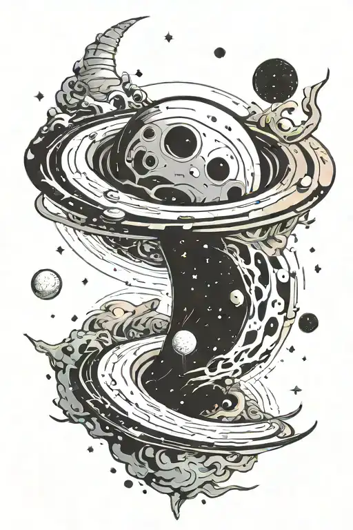black hole in the middle of a galaxy sucking in a planet. the planet is breaking apart  tattoo design idea