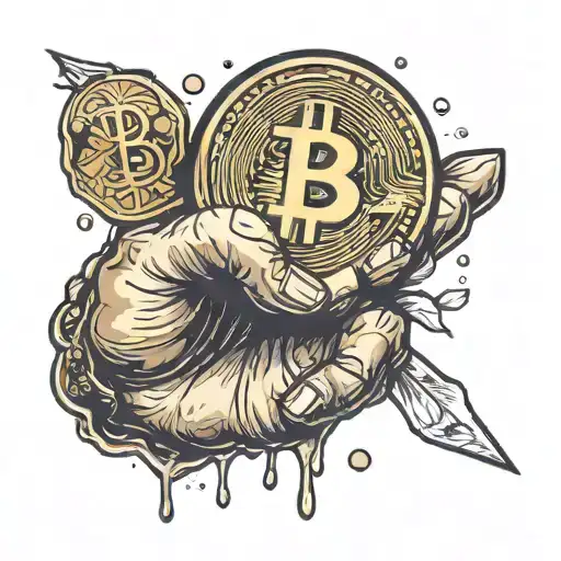 hand takes bitcoin coin  tattoo design idea