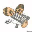 hand takes bitcoin punching computer keyboard   tattoo design idea