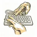 hand takes bitcoin punching computer keyboard   tattoo design idea