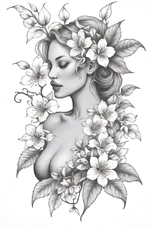 eve full body with apple blossom flower tattoo design idea