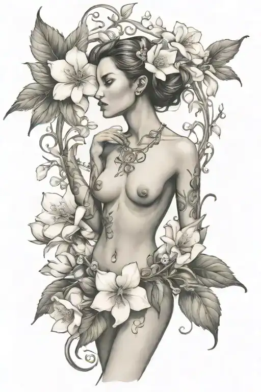 eve full body with apple blossom flower tattoo design idea