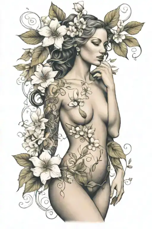 eve full body with apple blossom flower tattoo design idea