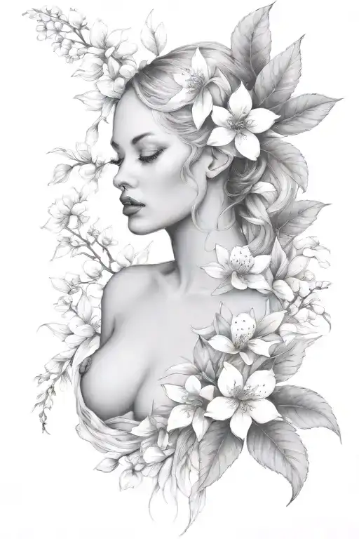eve full body with apple blossom flower tattoo design idea
