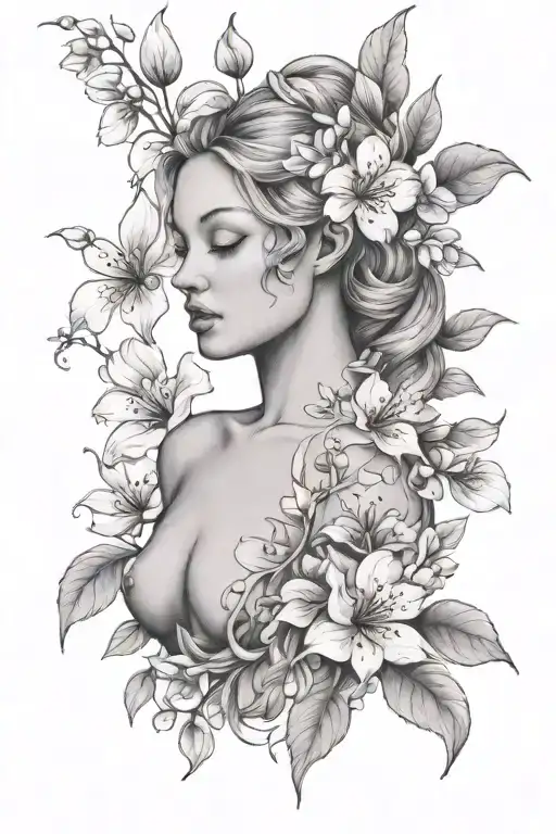 eve full body with apple blossom flower tattoo design idea