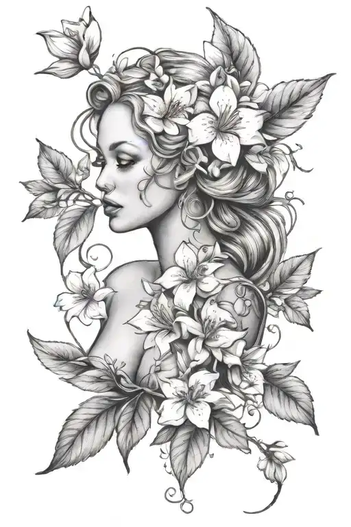 eve full body with apple blossom flower tattoo design idea
