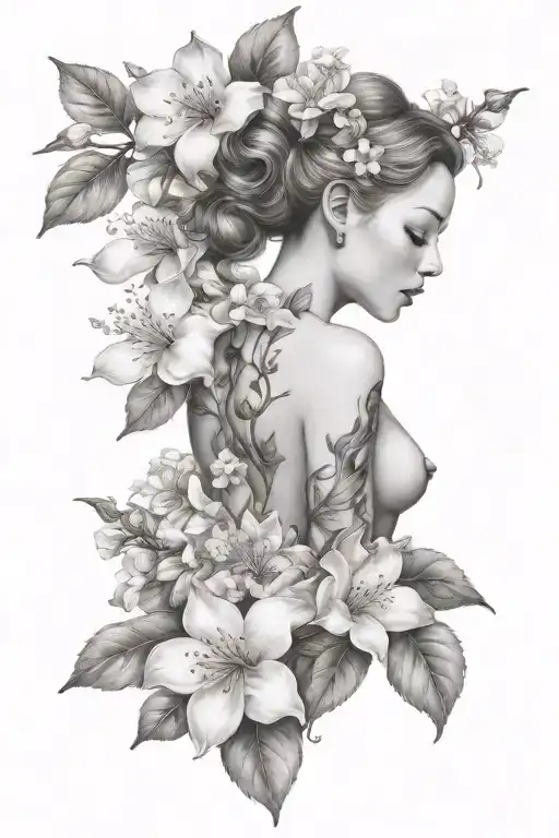 eve full body with apple blossom flower tattoo design idea