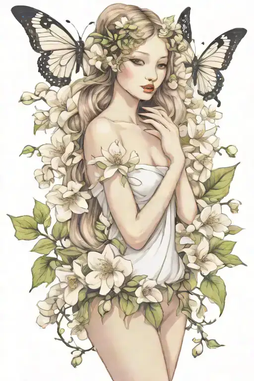 eve full body with apple blossom flower tattoo design idea