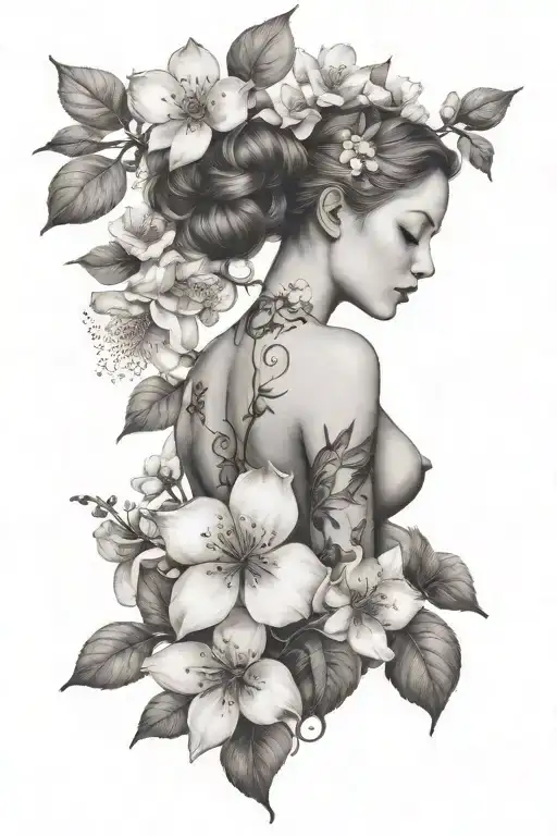 eve full body with apple blossom flower tattoo design idea