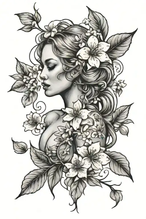 eve full body with apple blossom flower tattoo design idea