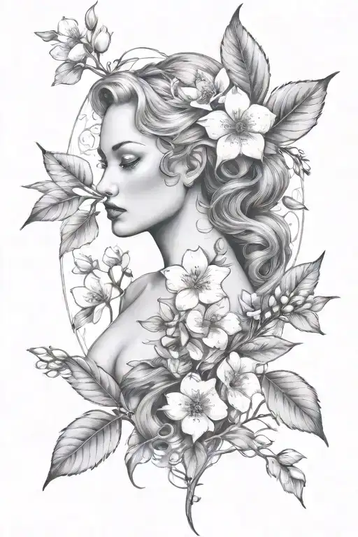 eve full body with apple blossom flower tattoo design idea