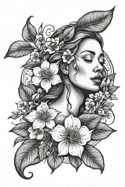 eve full body and apple blossom flower tattoo design idea
