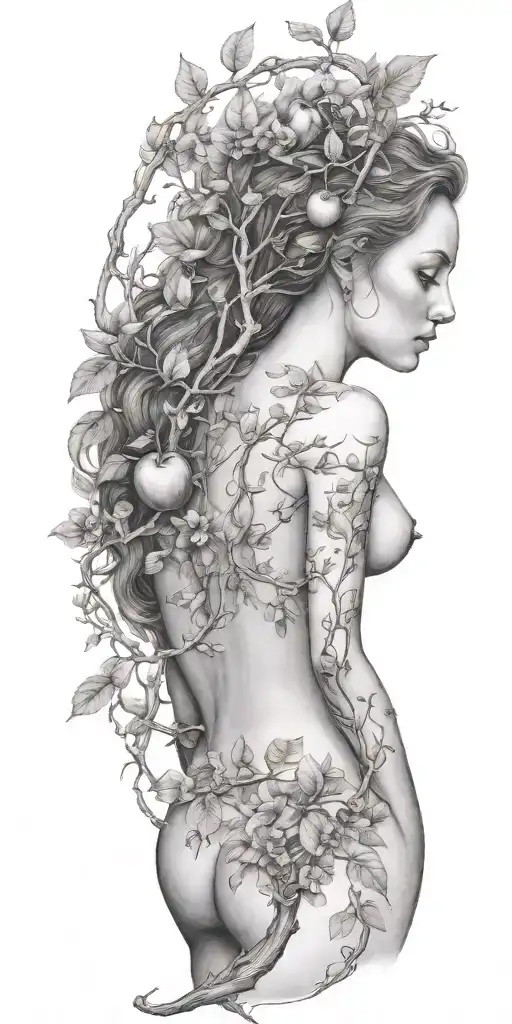 detailed eve body with apple tree branch surrounded tattoo design idea
