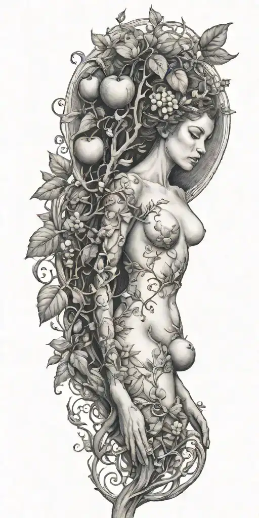 detailed eve body with apple tree branch surrounded tattoo design idea