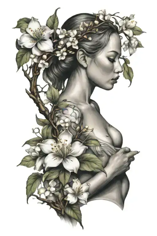 eve full body with apple blossom flower tattoo design idea