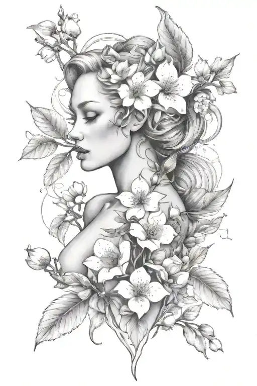 eve full body with apple blossom flower tattoo design idea