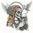 lady with skull mask covering her face with hand and on hand holding rosary and on top is angel holding a bible  tattoo design idea