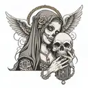 lady with skull mask covering her face with hand and on hand holding rosary and on top is angel holding a bible  tattoo design idea