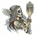 lady with skull mask covering her face with hand and on hand holding rosary and on top is angel holding a bible  tattoo design idea