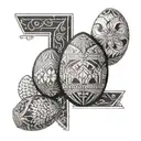 Create a geometric design inspired by Ukrainian pysanky eggs, with the roman numerals of your friend's birthday hidden within the patterns tattoo design idea
