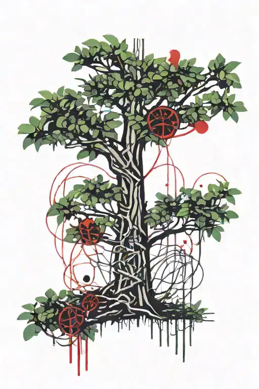 A tattoo design of a cybernetic eucalyptus tree with circuit patterns on its leaves, symbolizing the client's passion for both cybersecurity and nature tattoo design idea
